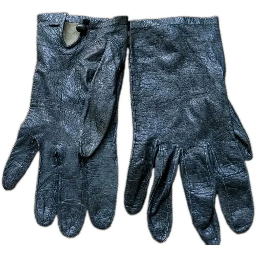 Vtg Black Leather Driving Gloves Womens 7 Button